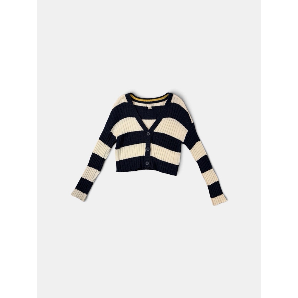 American Eagle Navy/White Striped Knit Button V-Neck Cropped Cardigan Sweater XS